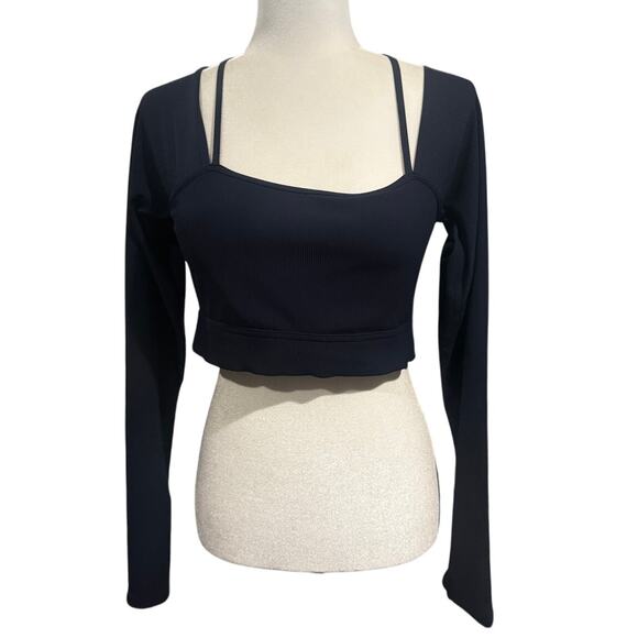 Halara Navy Ribbed Long Sleeve Crop Top with Strappy Detail Size M NWT - Picture 2 of 6